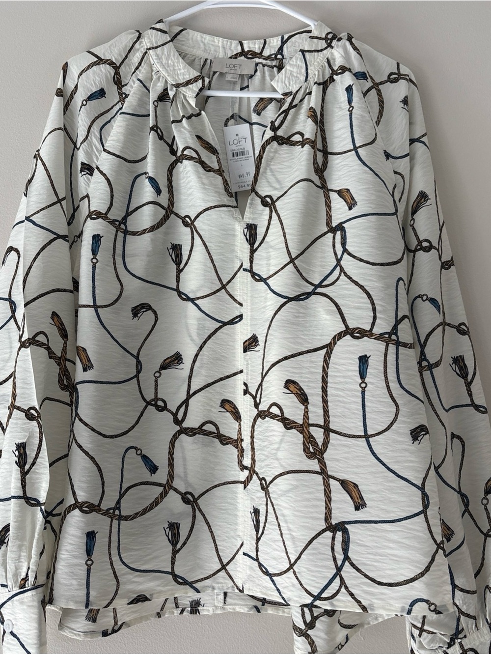 LOFT Cream Rope-Print Long-Sleeve Blouse